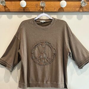 EASEL Mineral Washed French Terry Mocha Peace Sign Sweatshirt Small